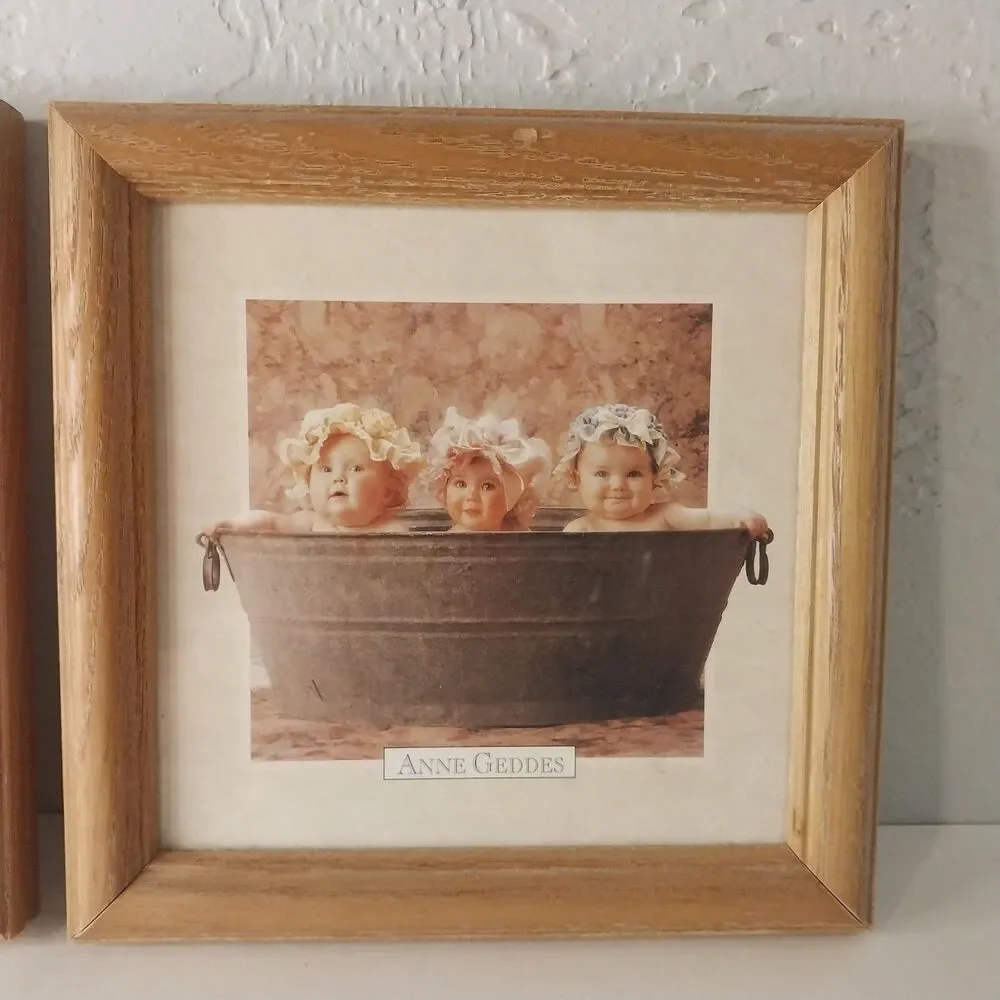 Vintage Anne Geddes Bathroom Prints 90s Babies Framed Decor 7x7 Set Of 2‎
